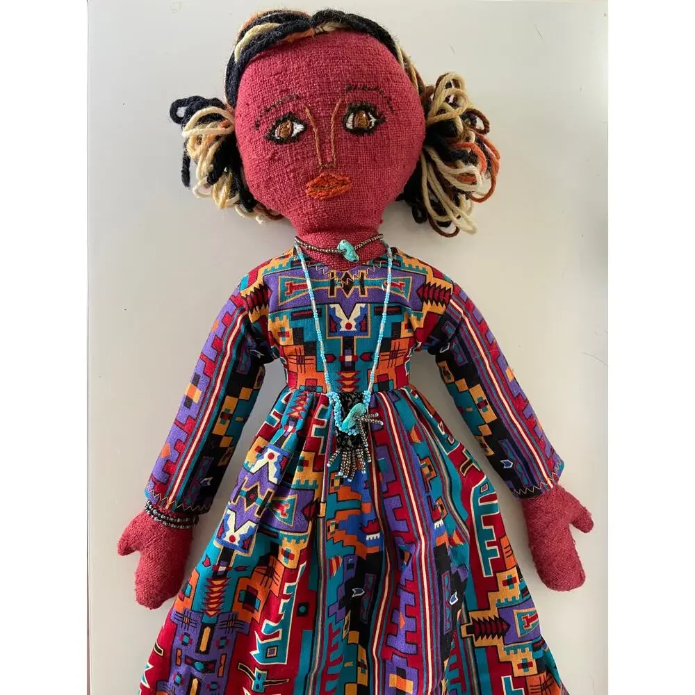 Handmade Boho Folk Art Beaded Red Purple & Blue Embroidered Yarn Hair Cloth Doll